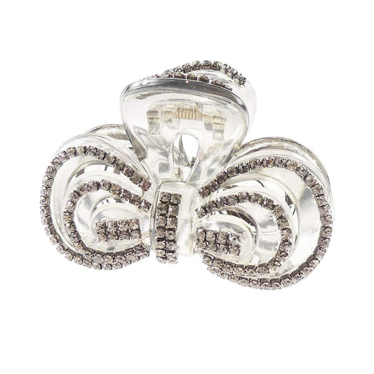 Extra Sparkly Women Girls Crystal Diamante Rhinestone Gems Bridal Wedding Evening Party Styling Fine Thin Hair Accessories Butterfly Claw Jaw Clip Octopus Clamp 8cm SIlver Tone Bow (Clear)