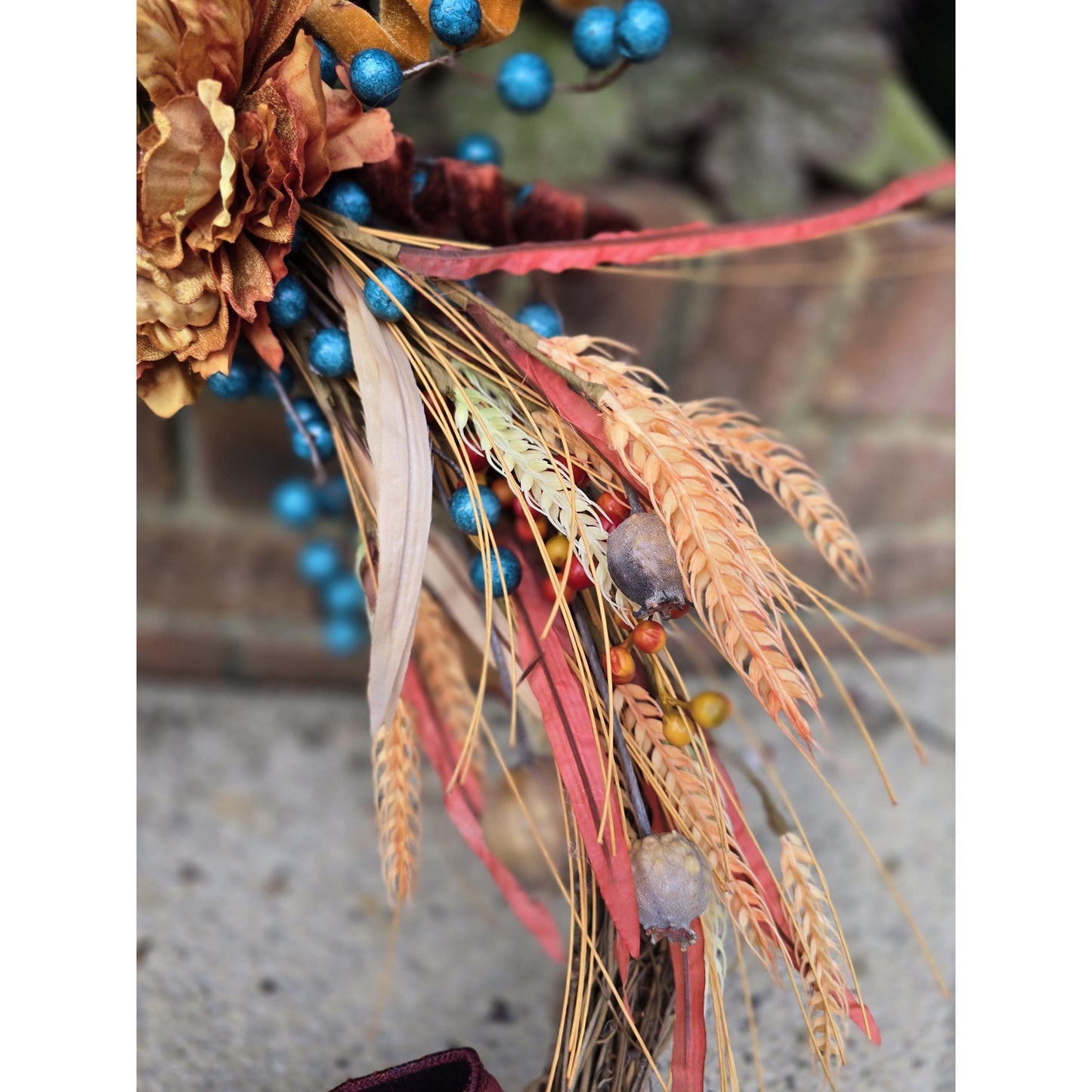Orange Teal Autumn Fall Orange Harvest Front Door Wreath Luxury Rustic Wall Porch Hanger House Home Decor Decorations Thanksgiving Glam Boho