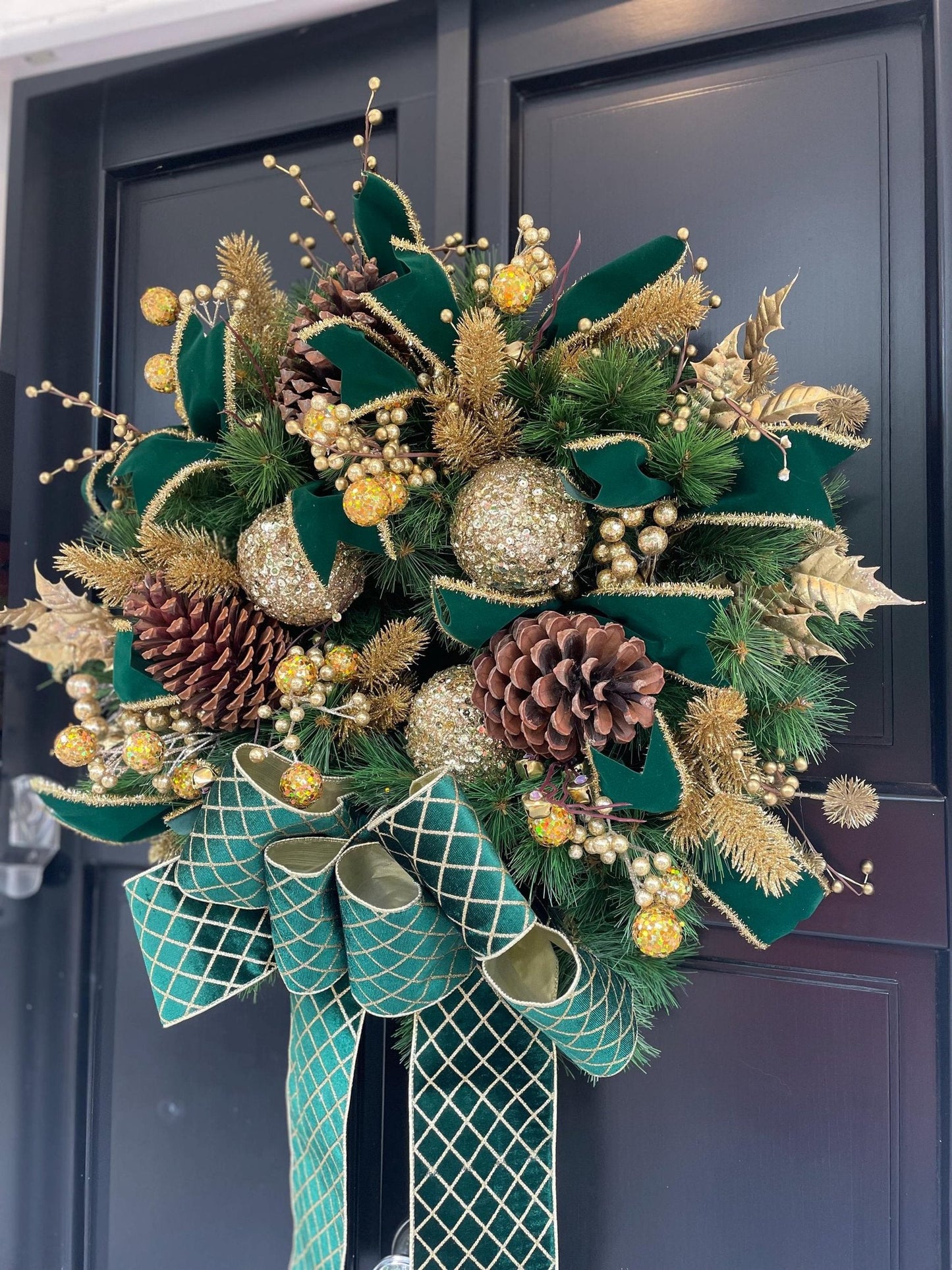 Luxury Emerald Green & Gold Christmas Wreath | Designer Velvet Bow Front Door Wreath | 60cm (24")