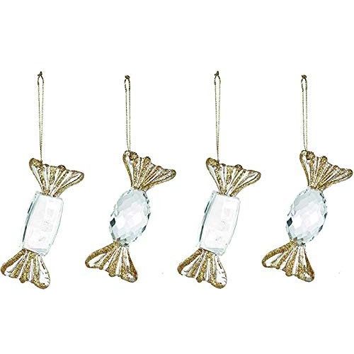 Festive Set of 4 x Hanging Clear and Gold Glitter Acrylic Jewel Candy Sweets 10cm - Sparkly Christmas Tree Decoration Bauble