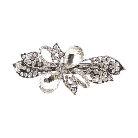 Womens Girls Crystal Rhinestone Diamante Wedding Birthday Party Evening School Ponytail Fine Medium Silver Tone Hair Accessories Occasion Barrette Hairpin Grip French Spring Clip Small Bow
