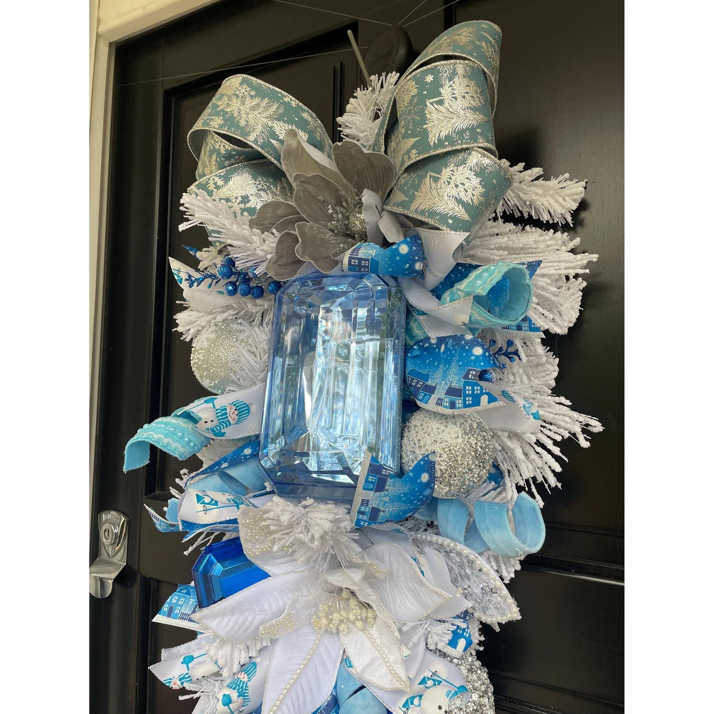 XL Ice Blue Snow Flocked  Luxury Teardrop Christmas Front Door Wreath White Home Decoration Xmas Winter Mantle Decor Holiday Advent Swag