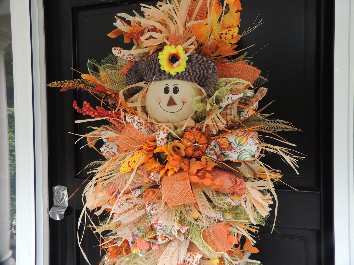 XXL Scarecrow Orange Halloween Front Door Wreath Swag Teardrop Hanger Wall Porch Hanger Handmade House Home Decor Decorations Glam