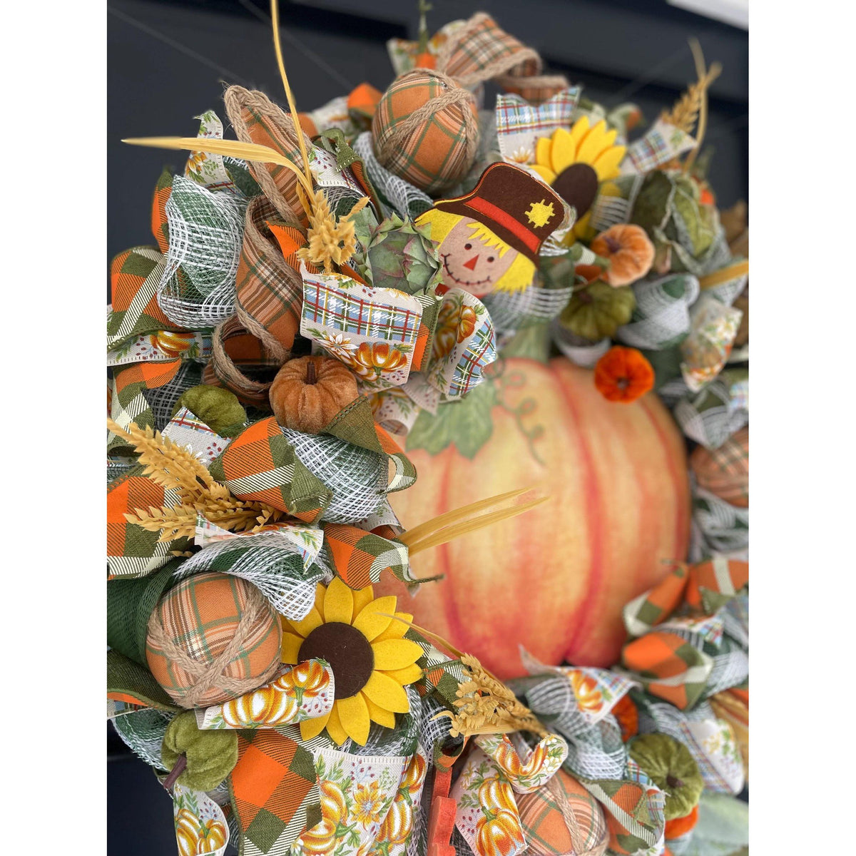 24" Large Autumn Pumpkin Wreath, Fall Harvest Front Door Wreath, Scarecrow Sunflower Thanksgiving Porch Decor, Farmhouse Autumn Decoration