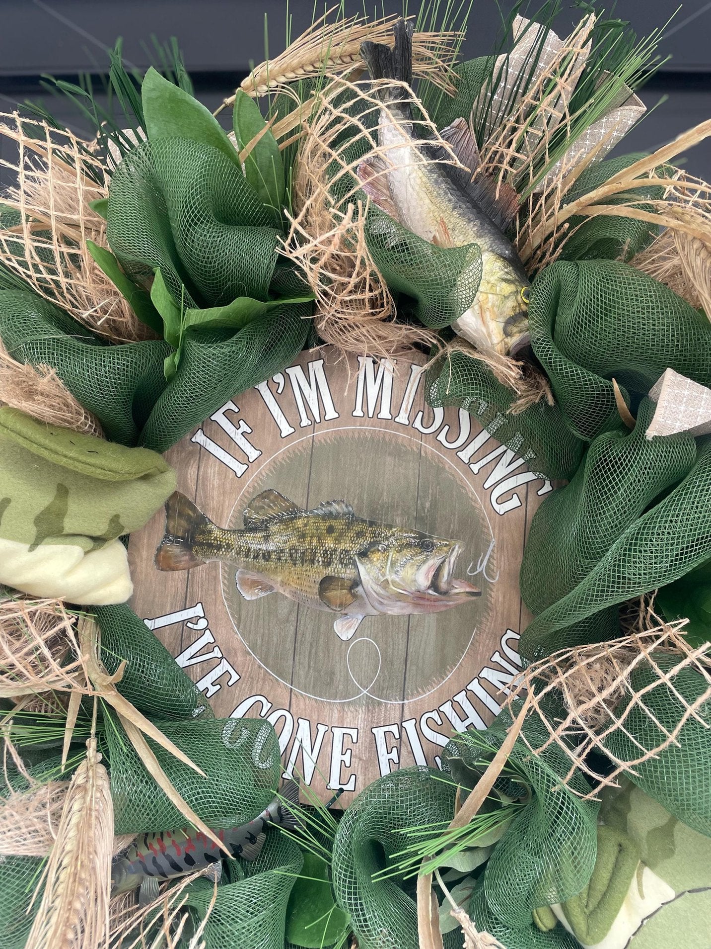 27" Oversized XL Green Fishing Wreath,Cabin Front Door Swag,Rustic Country Home Decor,Lake Beach House Decoration,Natural House Warming gift