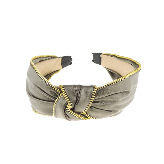 Ladies Girls Elegant Leather Look Funky Retro Gold Tone Zipper Trim Top Knot Headband Alice Band