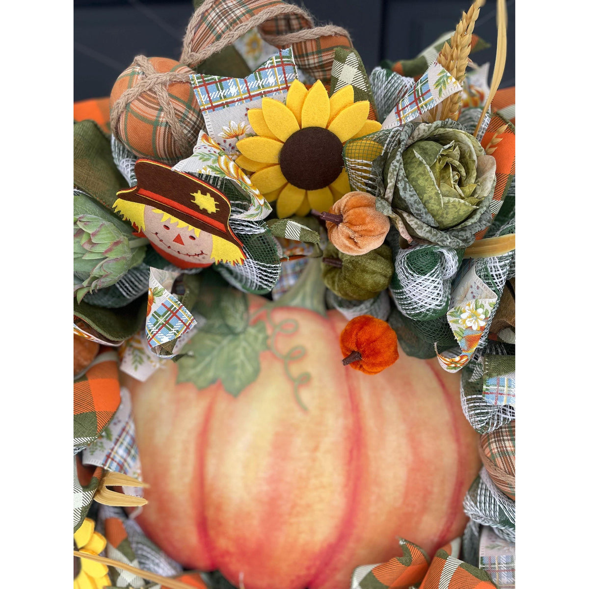 24" Large Autumn Pumpkin Wreath, Fall Harvest Front Door Wreath, Scarecrow Sunflower Thanksgiving Porch Decor, Farmhouse Autumn Decoration