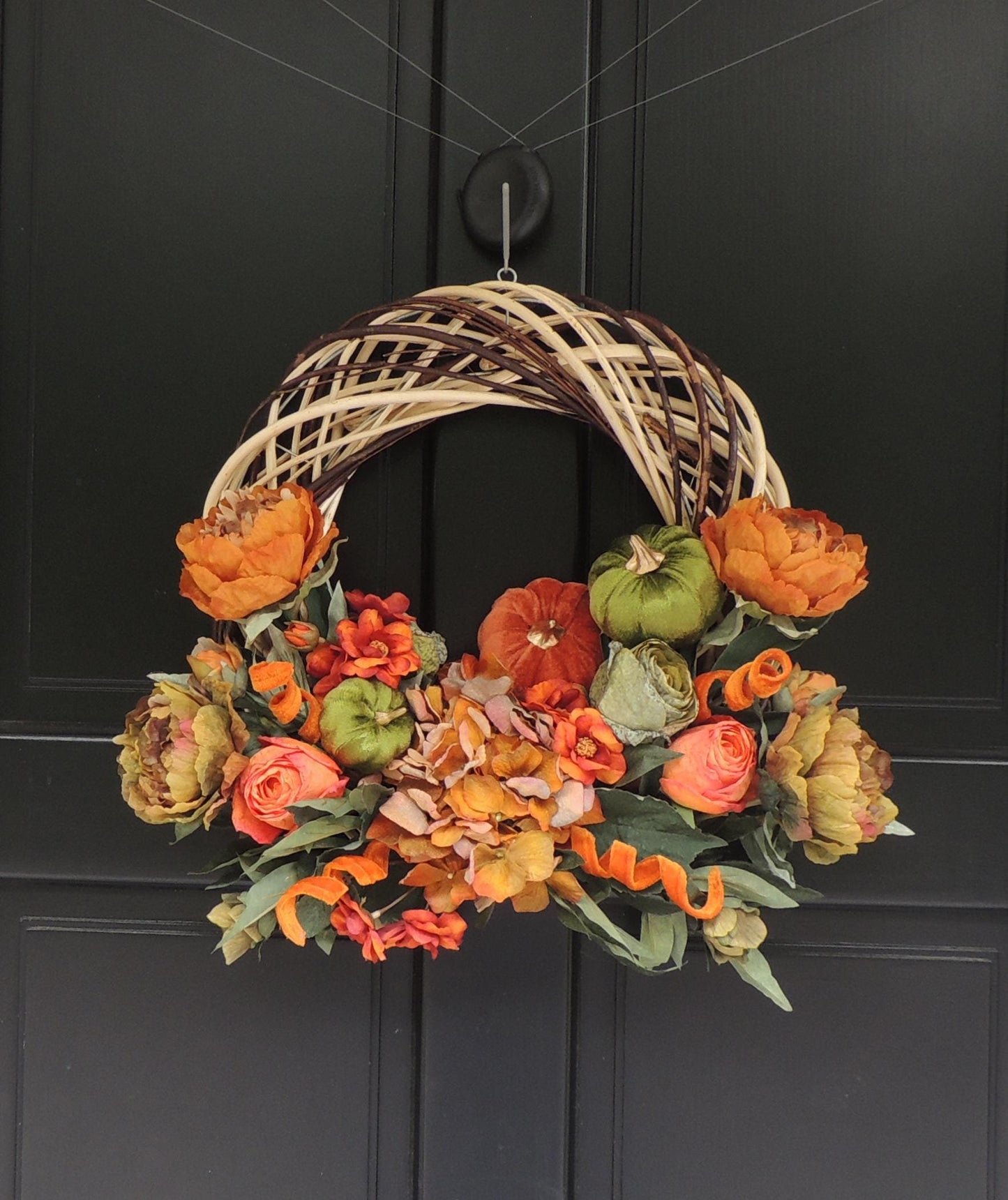 Orange Autumn Pumpkin Door Wreath, Green Fall Swag, Luxury Autumn Front Door Decor,Thanksgiving Wreath, Glam Fall Door Hanger,Harvest Wreath