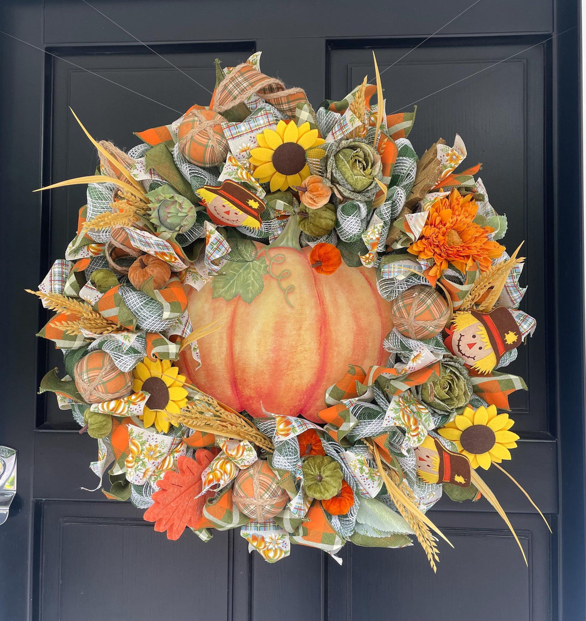 24" Large Autumn Pumpkin Wreath, Fall Harvest Front Door Wreath, Scarecrow Sunflower Thanksgiving Porch Decor, Farmhouse Autumn Decoration