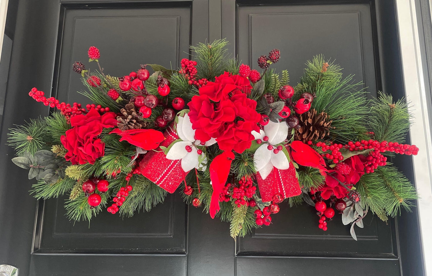 Traditional Red & Green Christmas Mantel Swag | Pine Fireplace & Over Door Decor | 80cm (31.5")