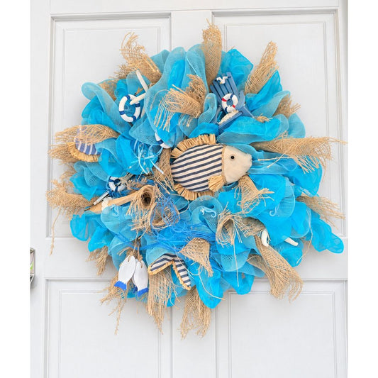 20" Coastal Wreath, Beach House Decor, Nautical Front Door Wreath, Ocean Decor, Lake House Wreath, Seaside Home Decor, Blue Wreath