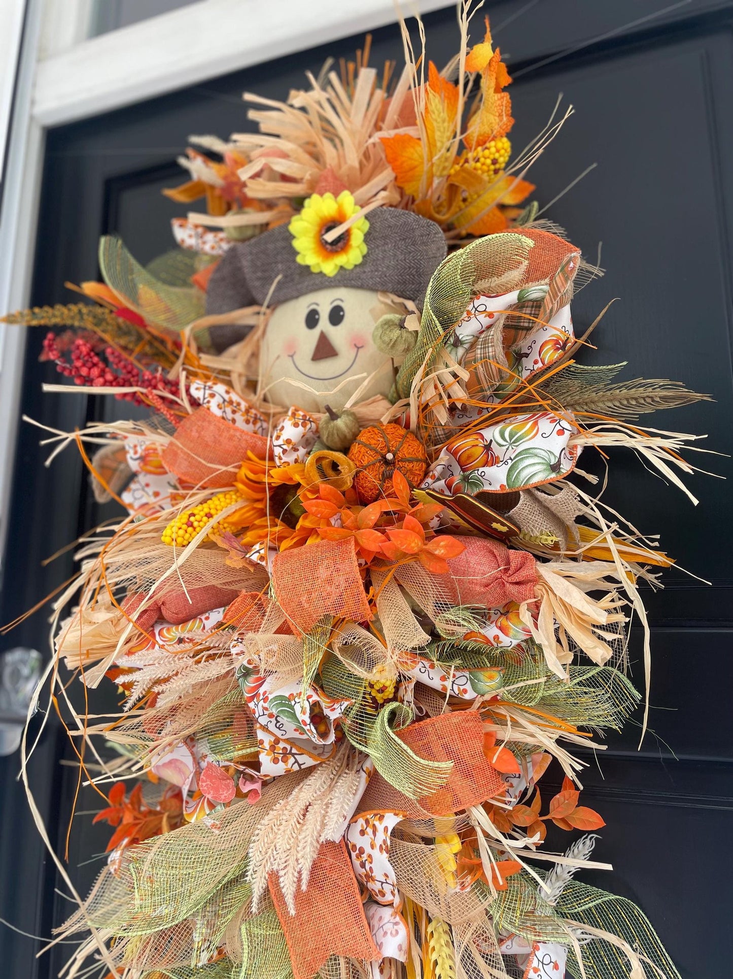 XXL Scarecrow Orange Halloween Front Door Wreath Swag Teardrop Hanger Wall Porch Hanger Handmade House Home Decor Decorations Glam
