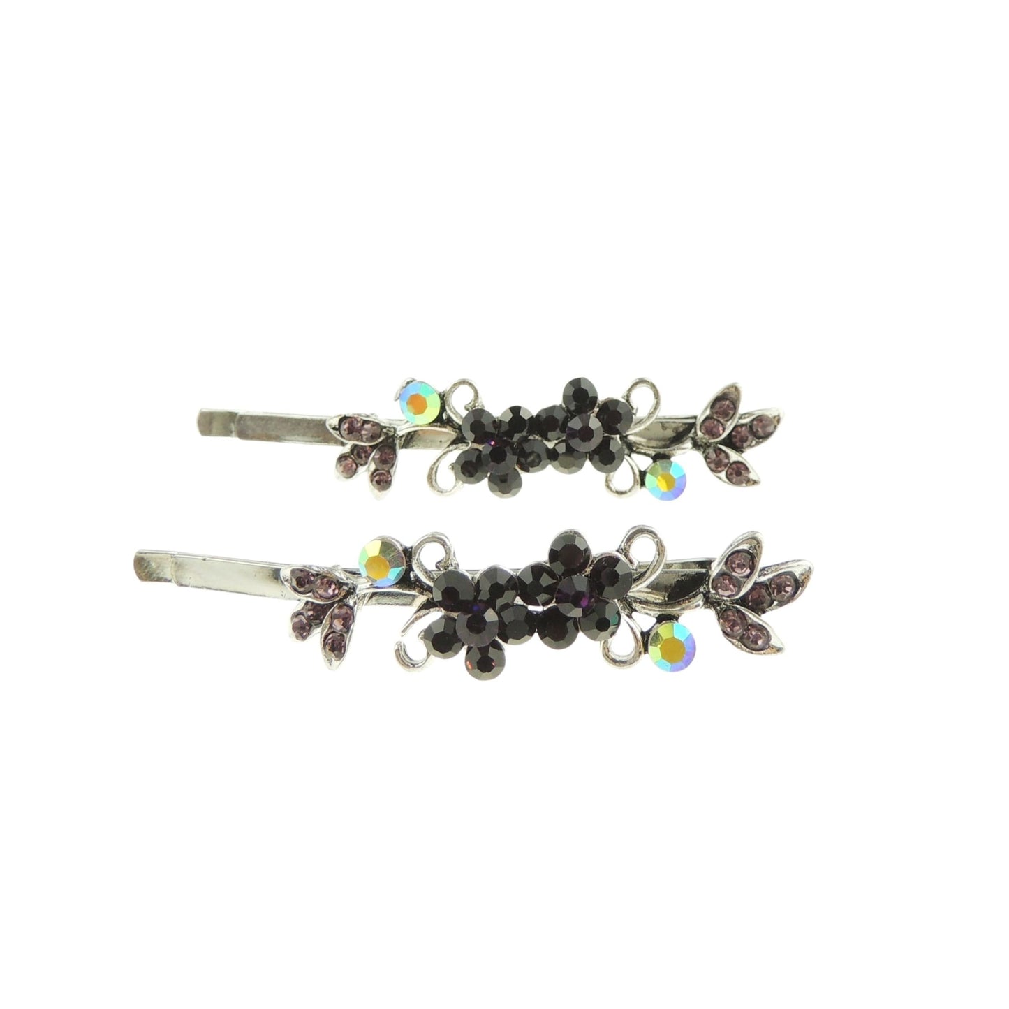 Womens Silver Tone Sparkly Bow Rhinestone Jeweled Crystal Diamante Party Birthday Christmas Bridal Wedding Slides Hairpin Hair Clips Grips Bobby Pins Set of 2 Flower Floral