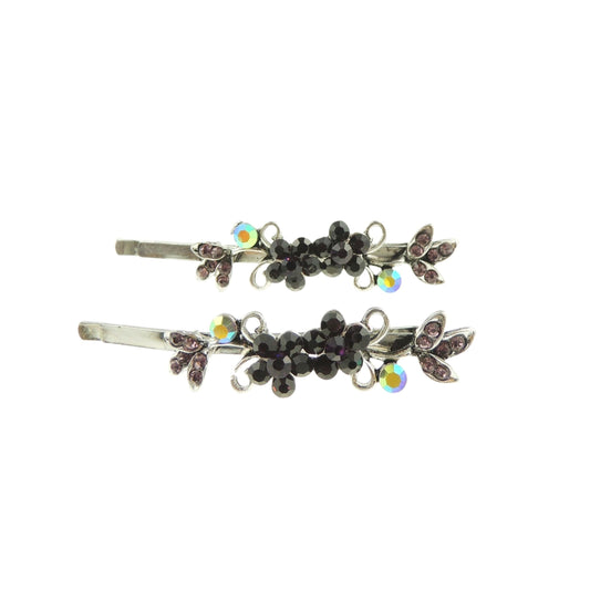 Womens Silver Tone Sparkly Bow Rhinestone Jeweled Crystal Diamante Party Birthday Christmas Bridal Wedding Slides Hairpin Hair Clips Grips Bobby Pins Set of 2 Flower Floral