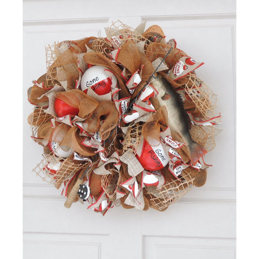 Fishing Bobber Wreath for Front Door, Angler Cabin Door Decor, Handmade Bass Fishing Wreath, Rustic Lake House Decoration Brown Red