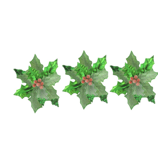 Set of 3 Metallic Green Red Glitter Sequin Clip Poinsettia Flower Christmas Tree Floral Pick Ornament Xmas Decor Garland Wreath Home Decoration