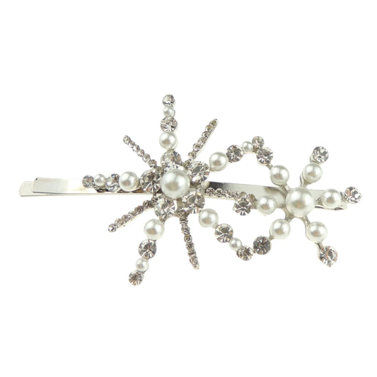 Ladies Sparkly SIlver Tone Faux Pearl Crystal Snowflake Star Diamante Crystal Girls Party Christmas Bridal Wedding Accessories Slides Hairpin Hair Clips Grips Bobby Pins Clip Barrette Slide Large
