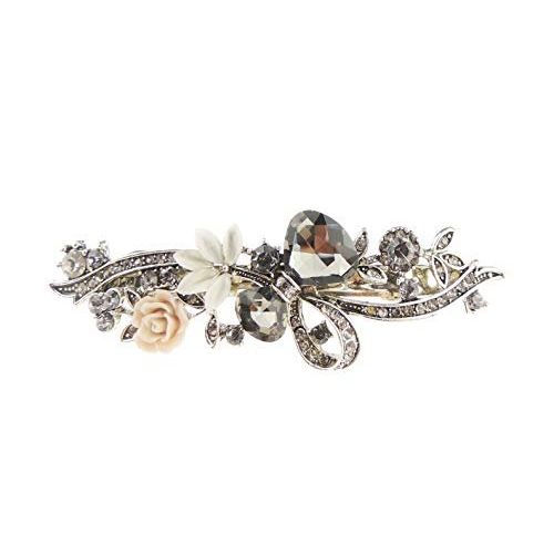 Ladies Vintage Look Silver Tone Metal Blue Crystal Hair Barrette Bow & Rose (Blue Lilac)