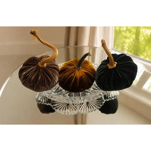 SET 3 X-SMALL Brown Green Fall Silk Velvet Pumpkins, Autumn Decor, Autumn Wedding Decorations, Thanksgiving, Modern House Decor