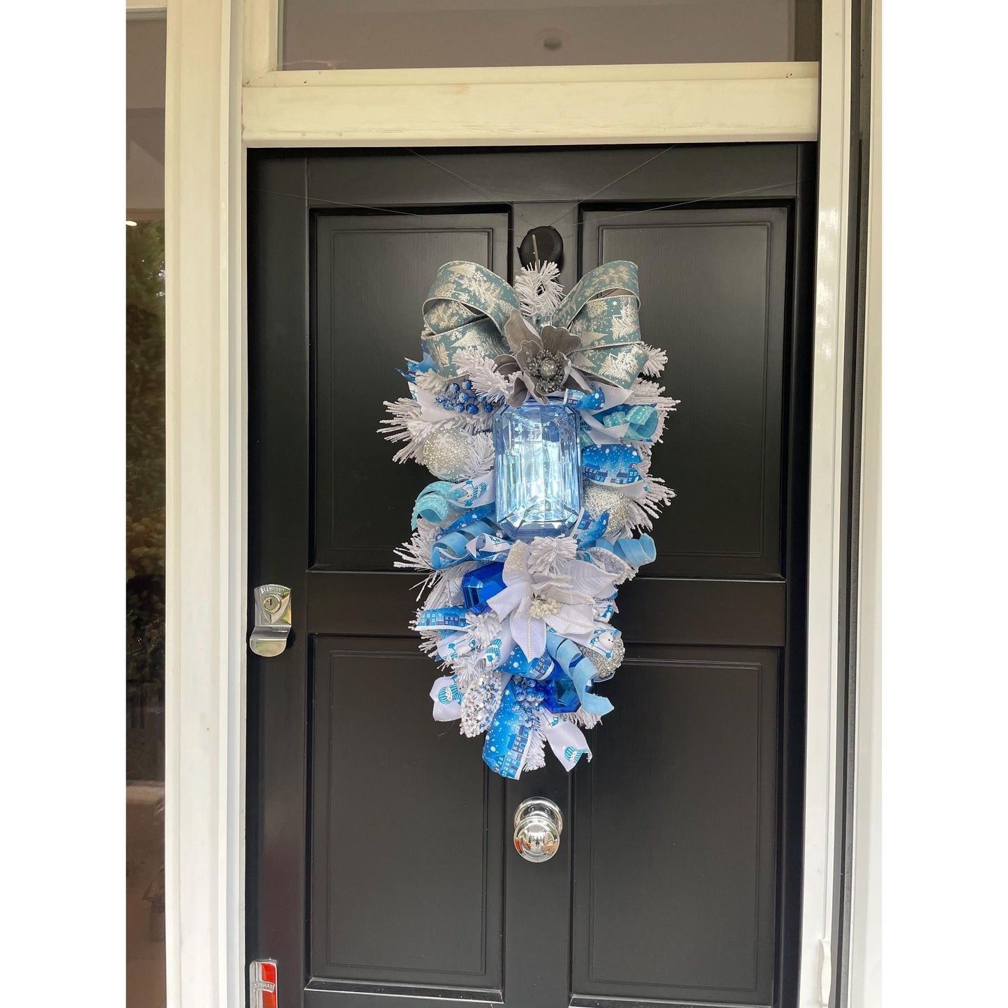 XL Ice Blue Snow Flocked  Luxury Teardrop Christmas Front Door Wreath White Home Decoration Xmas Winter Mantle Decor Holiday Advent Swag