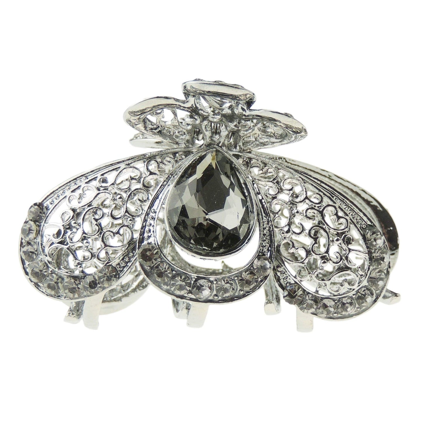 Ladies Dark Grey Metal Crystal Rhinestone Diamante Small Hair Claw Clamp Clip Peacock Feather