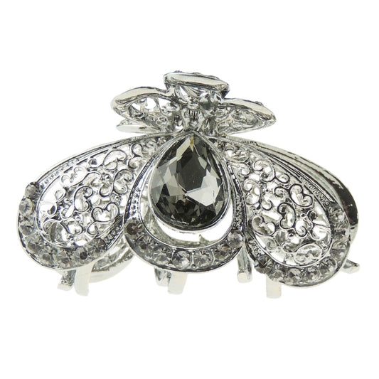 Ladies Dark Grey Metal Crystal Rhinestone Diamante Small Hair Claw Clamp Clip Peacock Feather