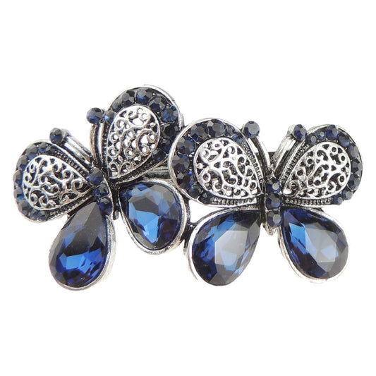Ladies Vintage Look Dark Silver Tone Metal 6cm Hair Barrette Clip Butterfly Blue