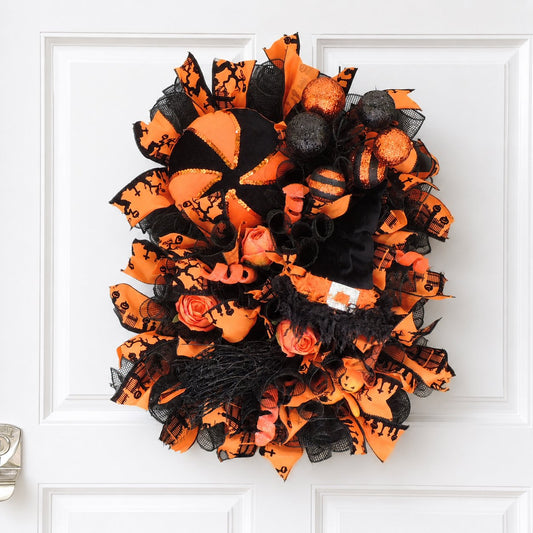 20" Halloween Door Wreath, Luxury Halloween Wreath, Black Orange Front Door Decor, Witch Wreath, Pumpkin Decor Square