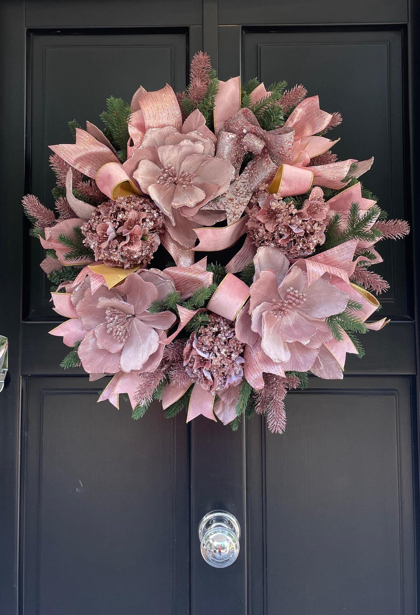 Luxury Blush Pink Christmas Wreath | Elegant Velvet Magnolia Front Door Wreath | 60cm (24")