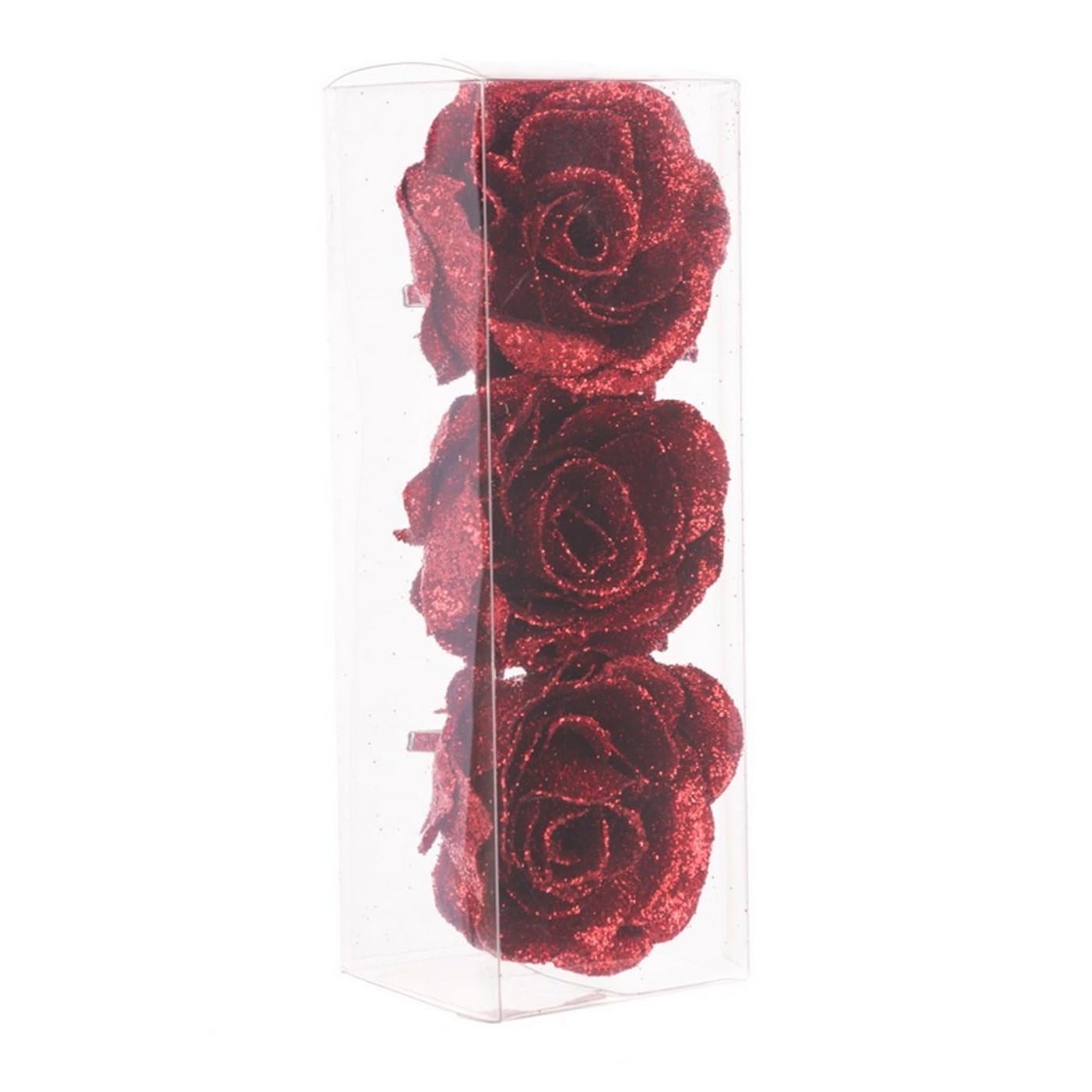 Set of 3 Sparkly Glitter Red Rose Flower Clip Christmas Tree Floral Pick Ornament Xmas Decor Garland Wreath Decoration