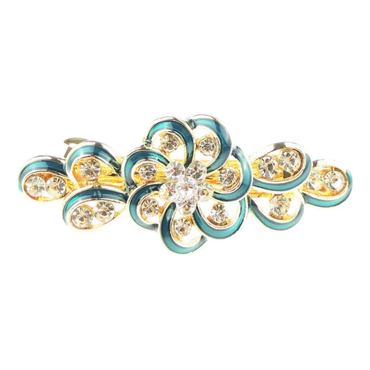 Womens Girls Crystal Rhinestone Diamante Wedding Birthday Party Evening Ponytail Fine Medium Hair Accessories Occasion Barrette Hairpin Grip French Spring Clip Enamel Round Bow (Turquoise)
