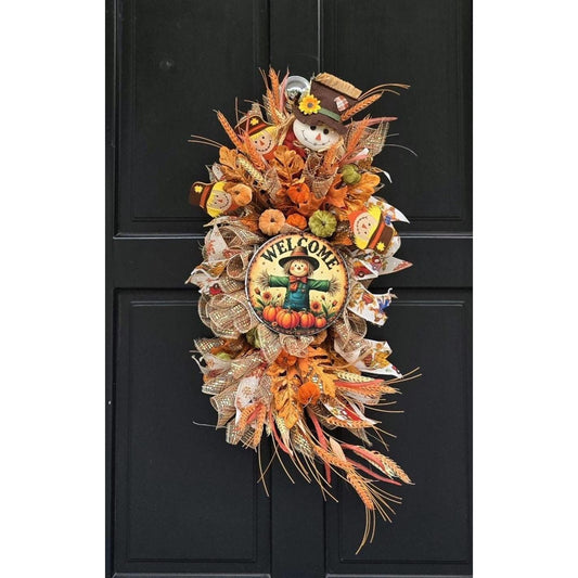 XL Autumn Fall Orange Scarecrow Harvest Front Door Wreath Luxury Rustic Wall Porch Hanger House Home Decor Decorations Thanksgiving Boho