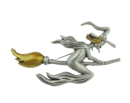 Ladies Mens Large Witch Riding Broomstick Matte Silver Tone Metal Halloween Coat Scarf Coat Jacket Shawl Scarf Brooch Badge Breastpin Corsage Pin