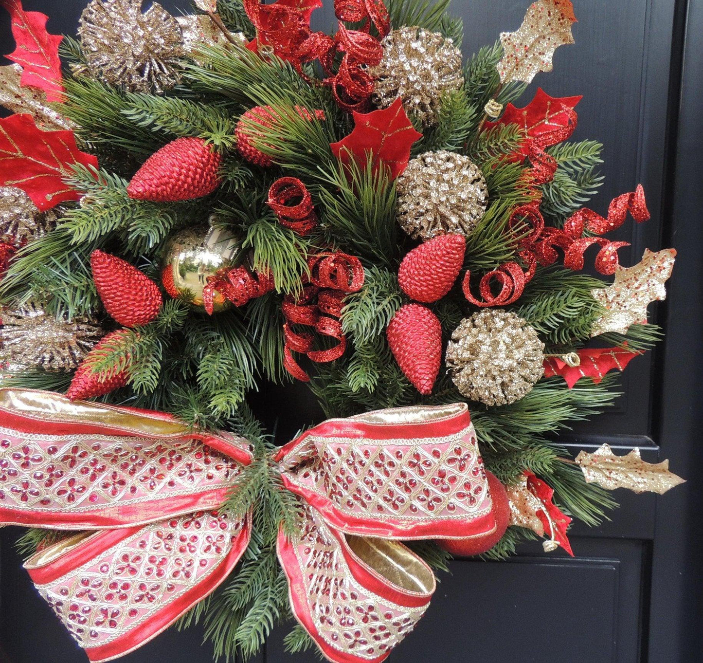 Luxury Designer Christmas Wreath | Elegant Red & Gold Front Door Wreath | 60cm (24")