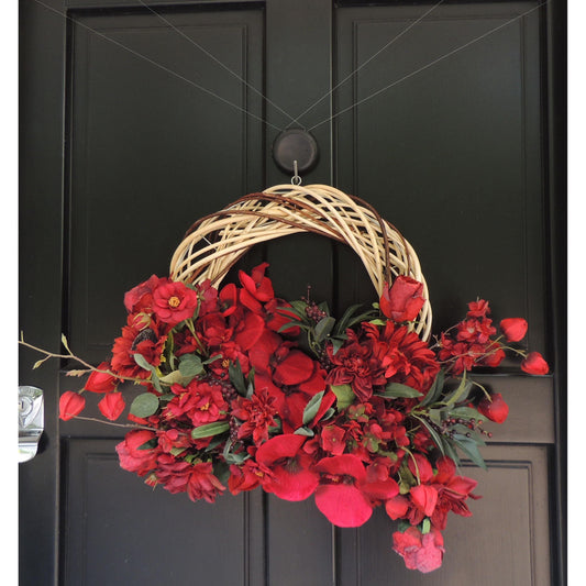 Red Floral Autumn Wreath, Front Door Wreath, Red Fall Wreath, Red Flower Wreath, Everyday Door Decor, Summer Wreath, Spring Wreath Gift