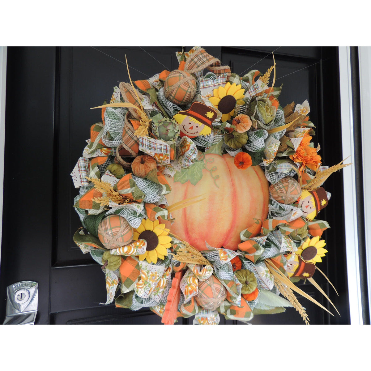 24" Large Autumn Pumpkin Wreath, Fall Harvest Front Door Wreath, Scarecrow Sunflower Thanksgiving Porch Decor, Farmhouse Autumn Decoration