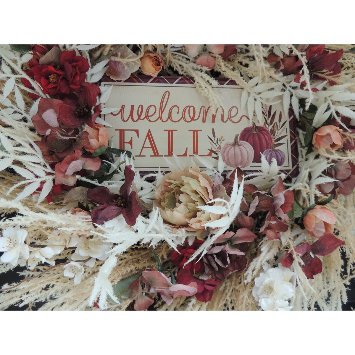 24" LARGE Welcome Fall Wreath, 60cm Autumn Front Door Wreath, Burgundy Cream Floral Harvest Wreath, Rustic Farmhouse Fall Door Decor