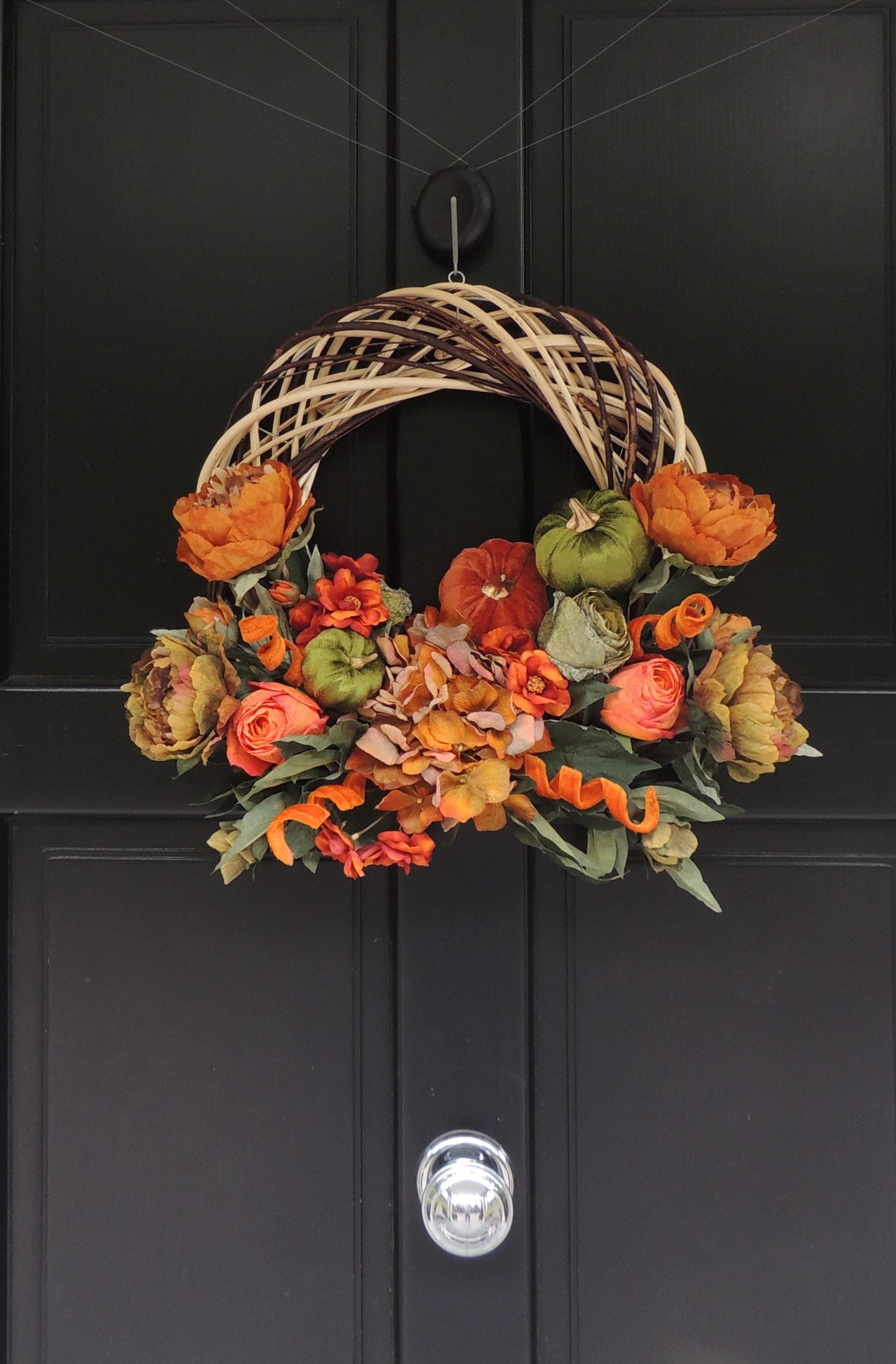 Orange Autumn Pumpkin Door Wreath, Green Fall Swag, Luxury Autumn Front Door Decor,Thanksgiving Wreath, Glam Fall Door Hanger,Harvest Wreath
