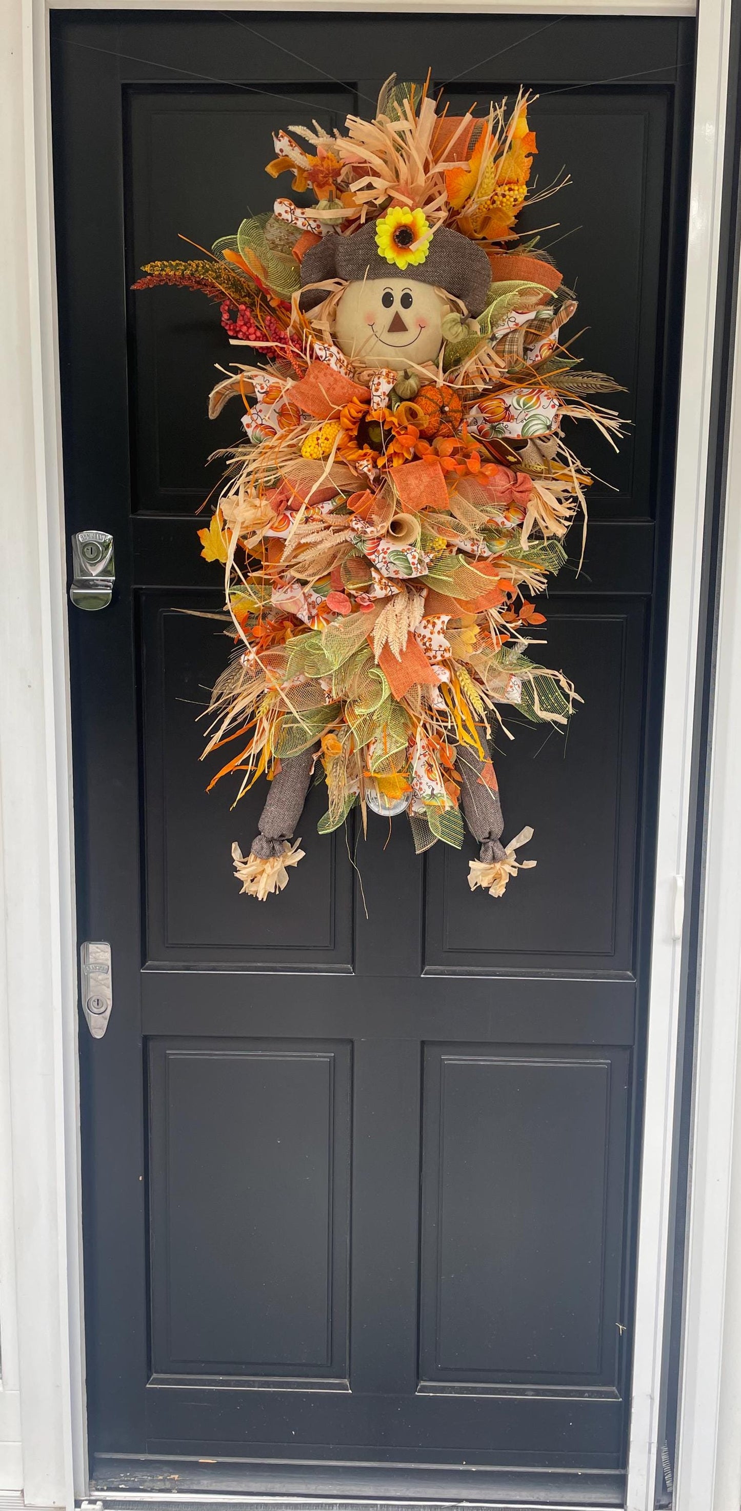 XXL Scarecrow Orange Halloween Front Door Wreath Swag Teardrop Hanger Wall Porch Hanger Handmade House Home Decor Decorations Glam