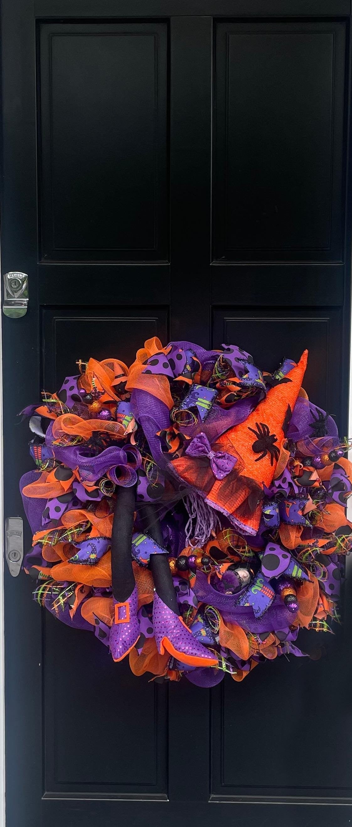 Large Witch Halloween Wreath | Purple & Orange Front Door Decor | 70cm (27.5")