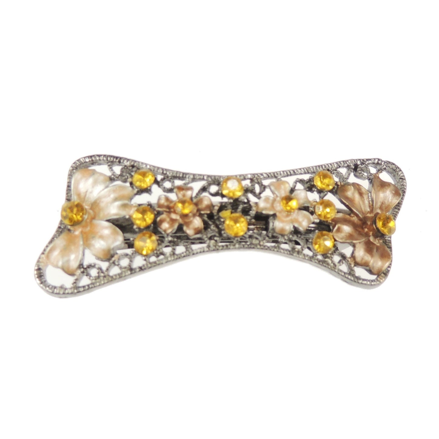 Womens Girls Crystal Rhinestone Diamante Wedding Birthday Party Evening Ponytail Fine Medium Hair Accessories Occasion Barrette Hairpin Grip French Spring Clip Vintage Look Silver Tone Floral Flower Enamel Bow
