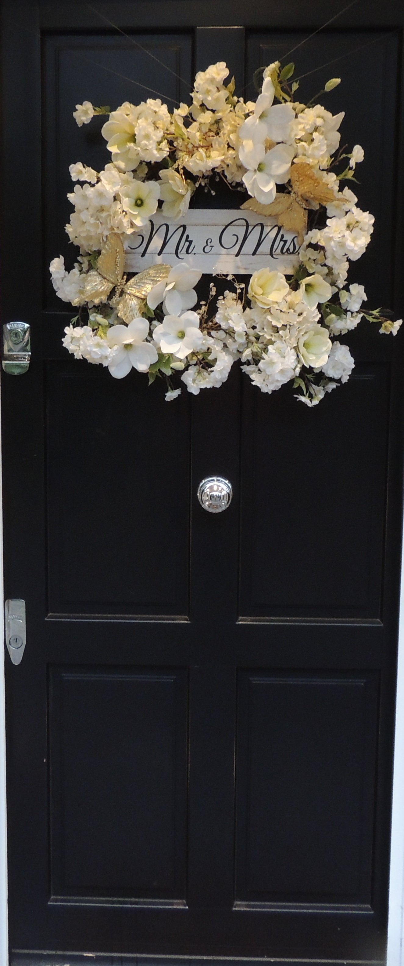 White Ivory Mr & Mrs Wedding Wreath Swag | White Ivory Magnolia Hydrangea Front Door Wreath Gold Butterflies | 50cm Bridal Reception Decor