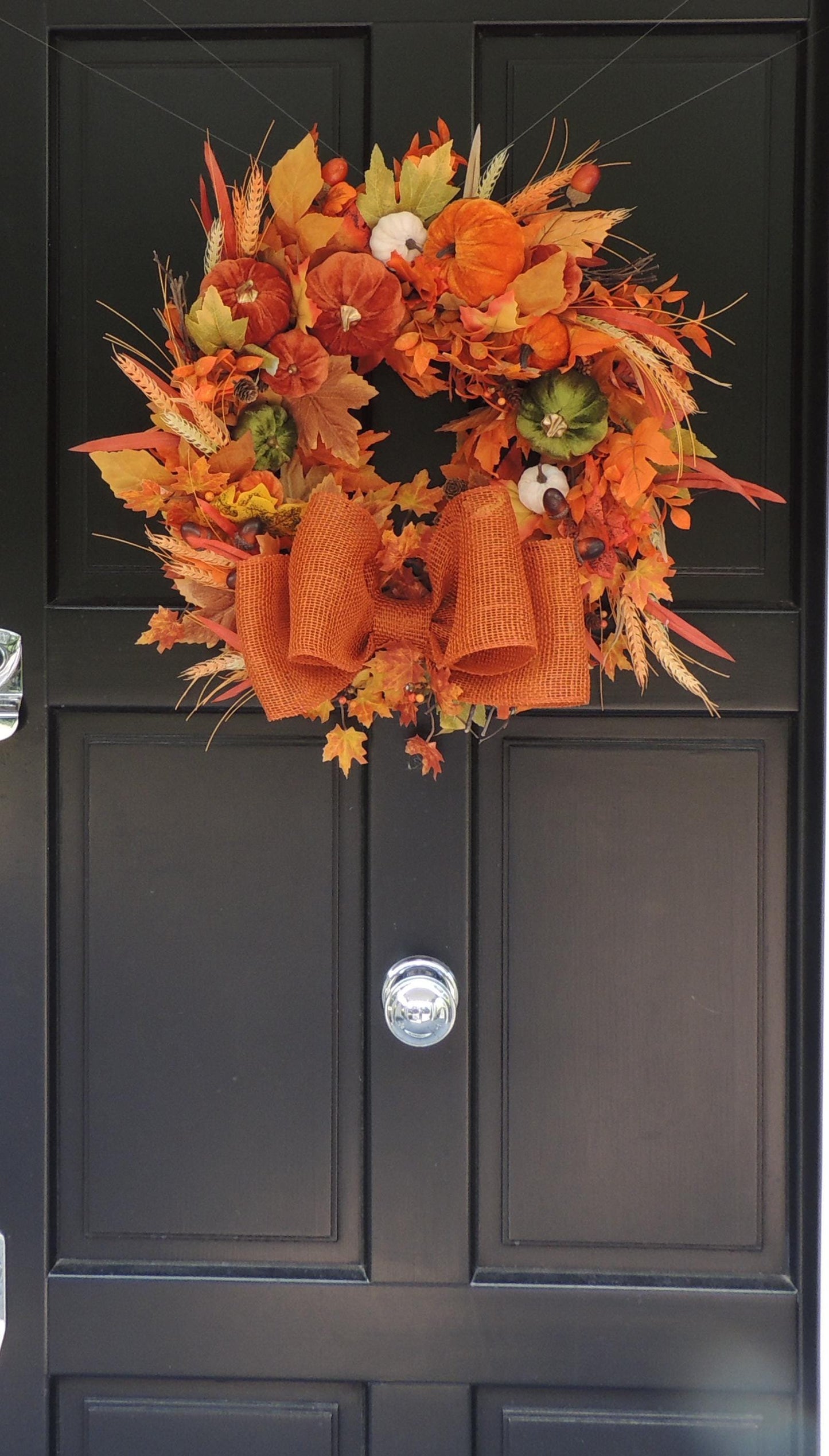 Large Velvet Pumpkin Autumn Wreath, Rustic Harvest Front Door Decor, Burnt Orange Fall Decoration, Thanksgiving Decorating