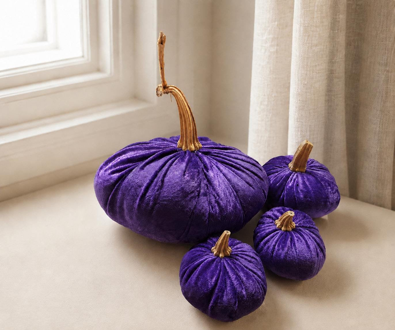 Velvet Pumpkin Set of 4, Fall Autumn Mantel Decorations, Crushed Purple Table Centrepiece, Halloween Home Decor