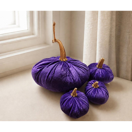 Velvet Pumpkin Set of 4, Fall Autumn Mantel Decorations, Crushed Purple Table Centrepiece, Halloween Home Decor