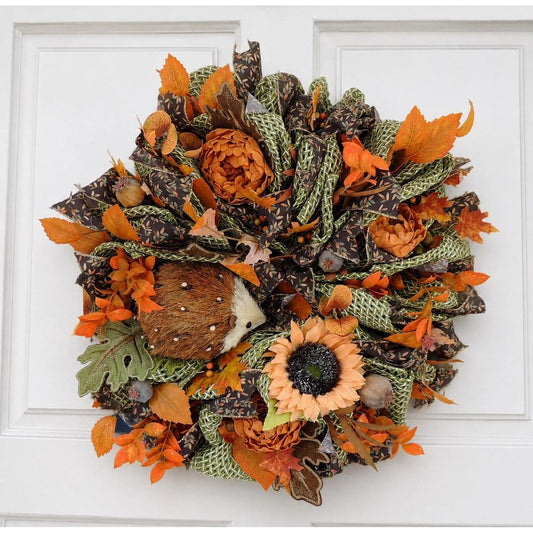 20" Large Autumn Hedgehog Wreath, Fall Woodland Front Door Wreath, 50cm Sunflower Harvest Decor, Rustic Autumn Porch Decoration