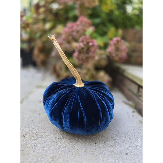 Navy Blue Luxury Silk Velvet LARGE Pumpkin Real Stem Harvest Autumn Handmade Home Decor Thanksgiving Table Decoration Centerpiece Ornament