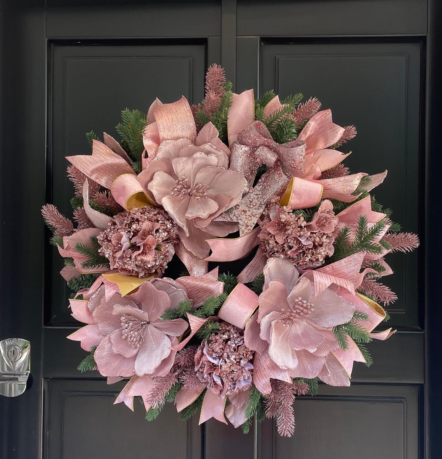 Luxury Blush Pink Christmas Wreath | Elegant Velvet Magnolia Front Door Wreath | 60cm (24")