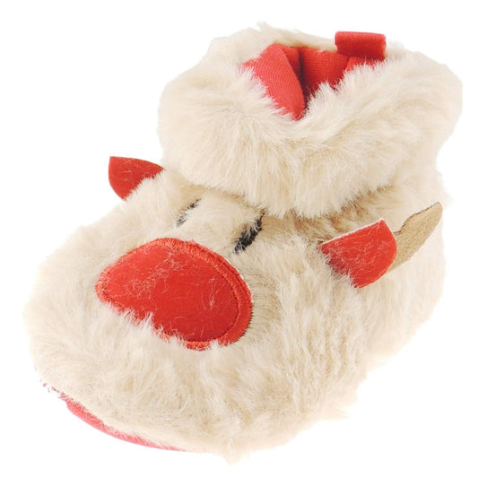 Glamour Girlz Baby Girls Boys Plush Faux Fur Beige Red Nosed Reindeer Christmas Santa Booties Boots Slippers
