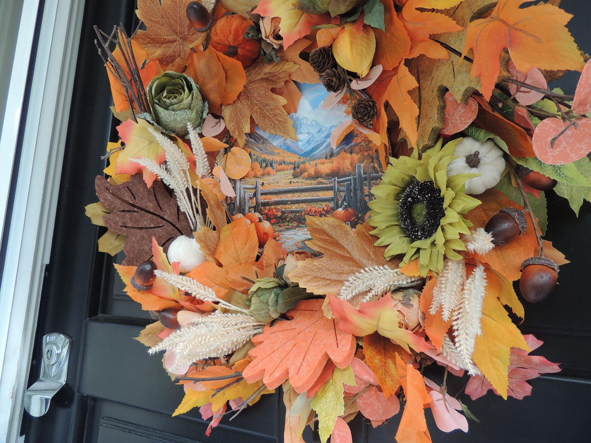 Autumn Harvest Wreath | Sunflowers, Pumpkins, Leaves, Farmhouse Door Decor